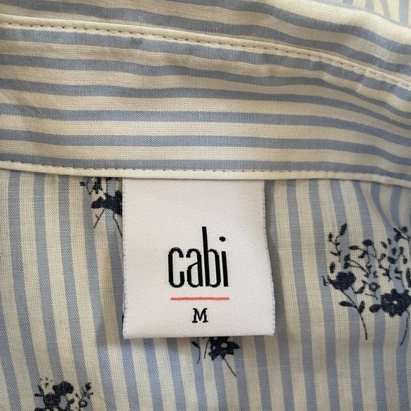 Cabi Whitney Shirt Top Button Stripe Floral Ruffle Casual Chic Blue Medium - Picture 9 of 14